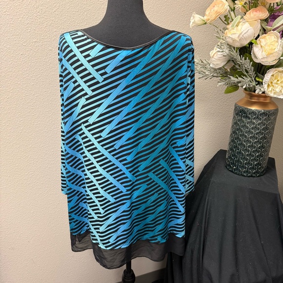 Worthington 2X Teal Blue Stripe Chiffon Hem Tunic Top Plus - Picture 3 of 7